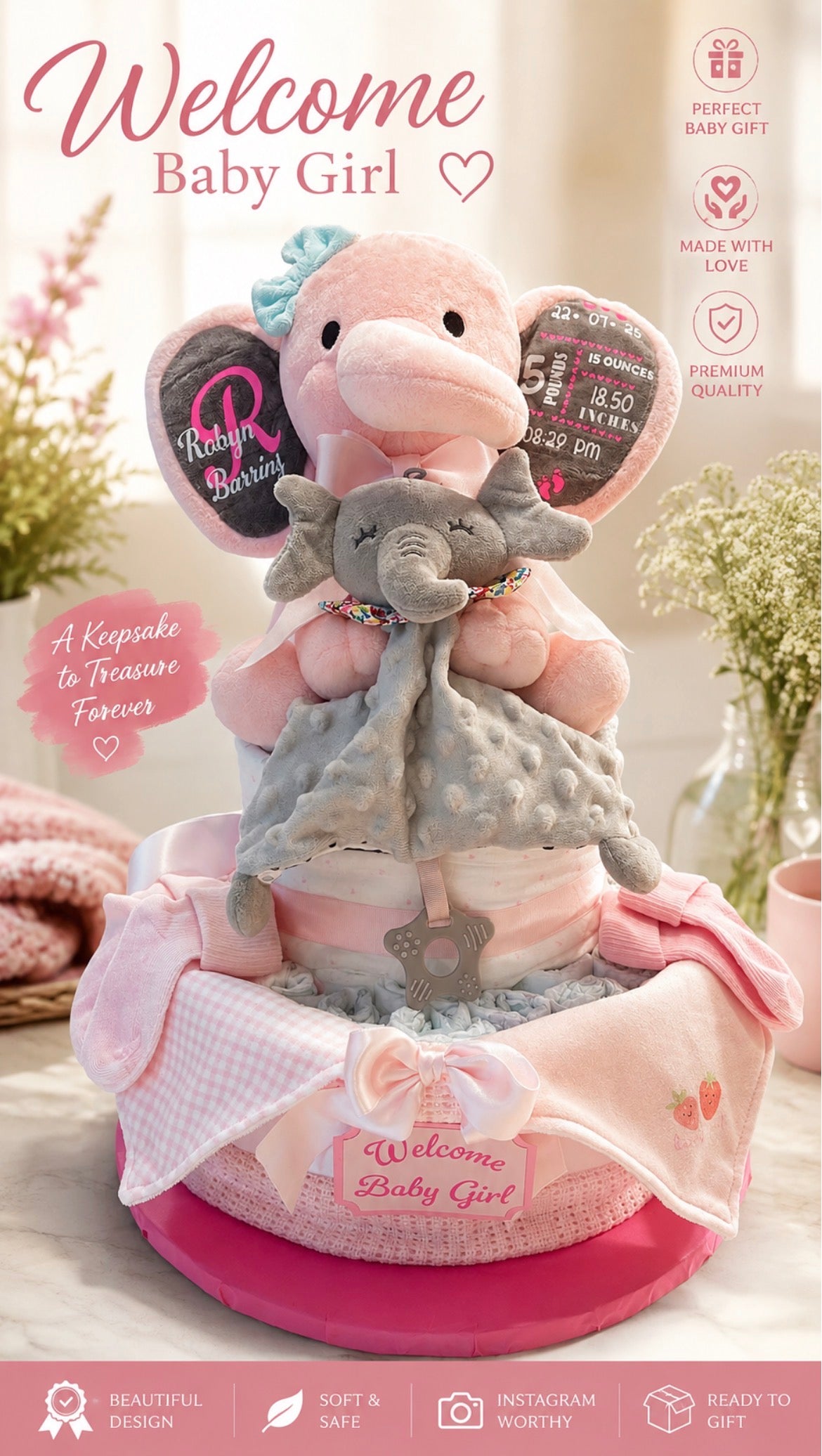 Nappy Cake with Personalised Baby Stats Elephant & comforter