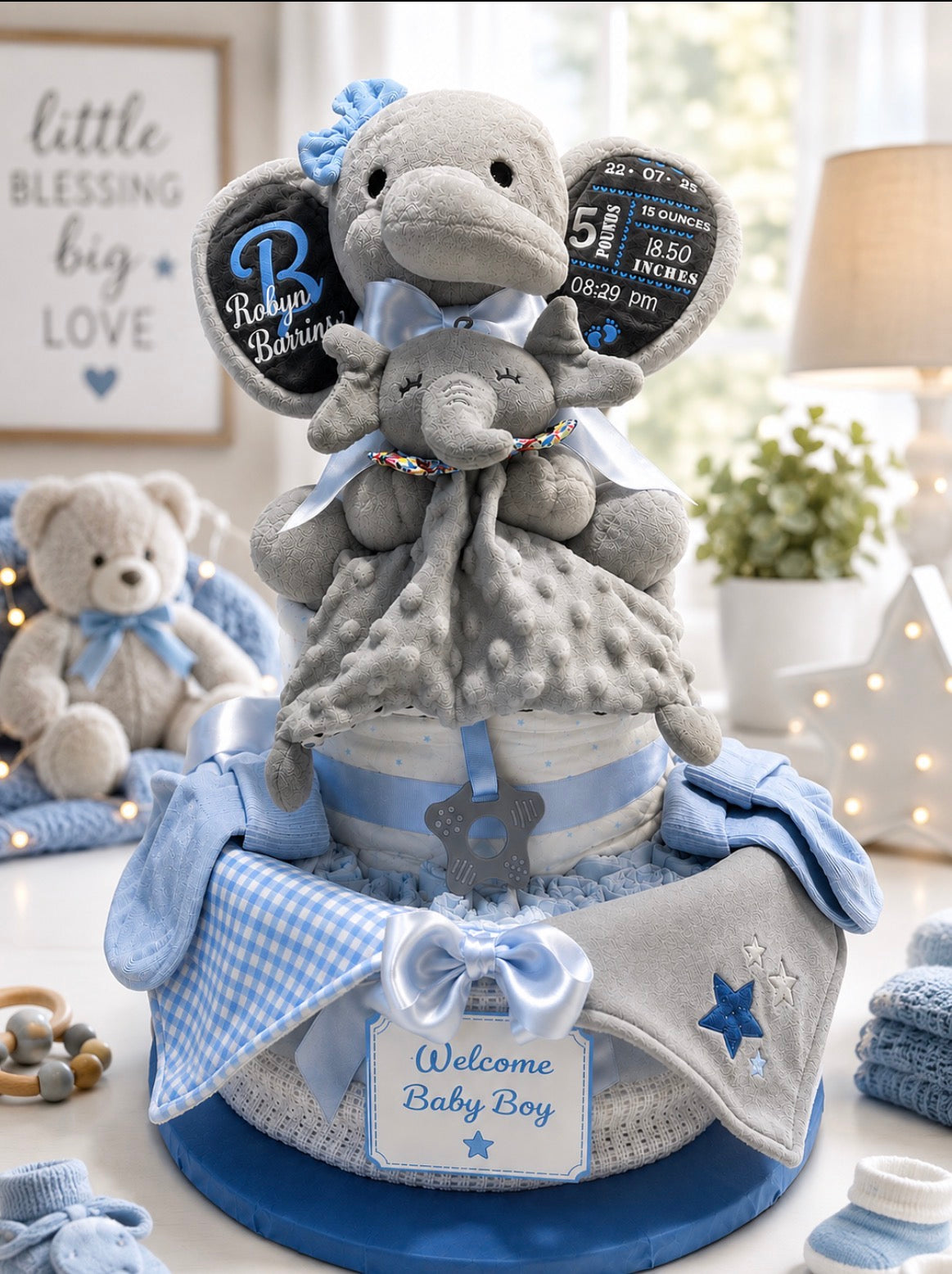 Nappy Cake with Personalised Baby Stats Elephant & comforter