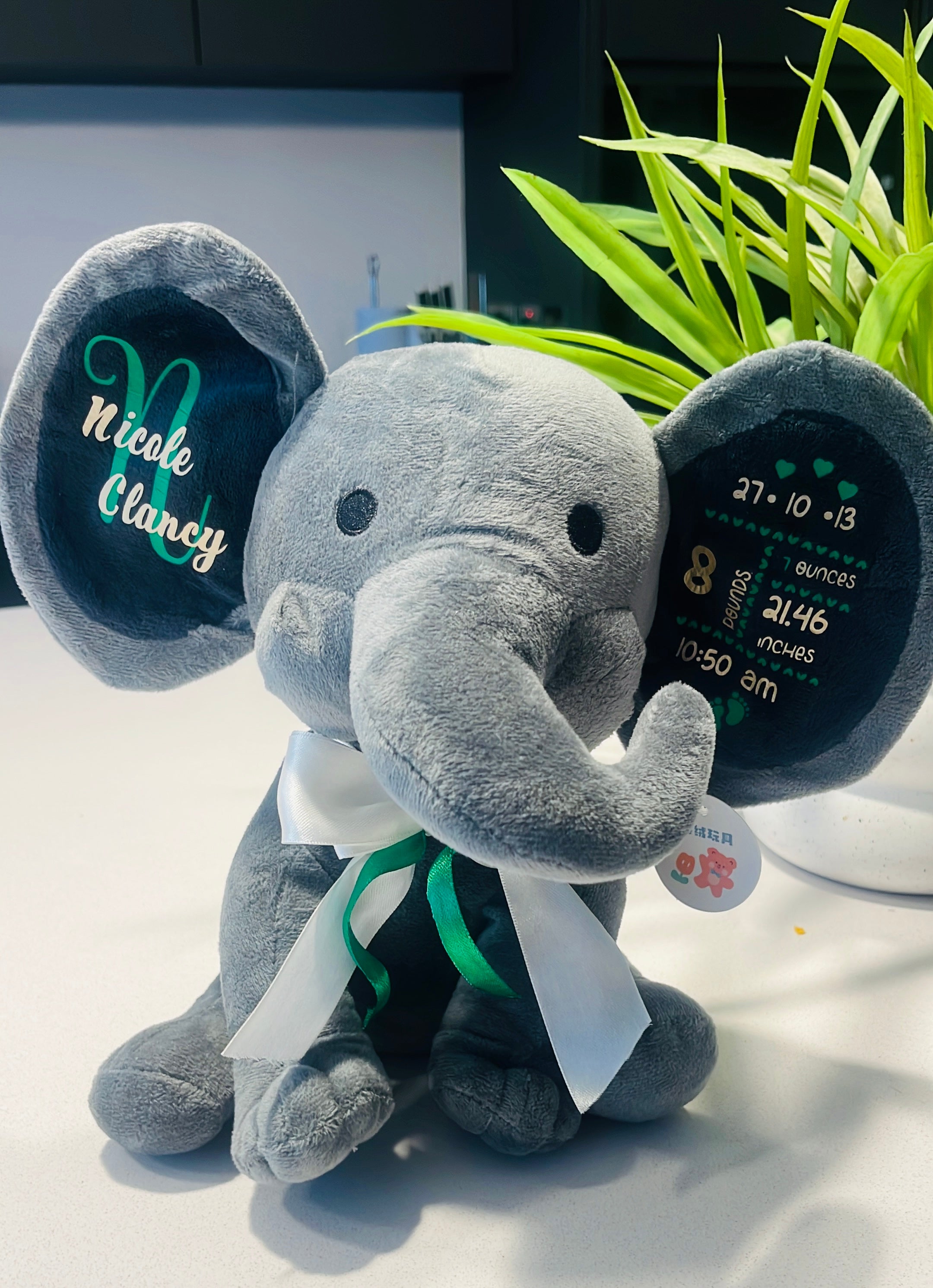Personalised Baby Stats Grey Elephant