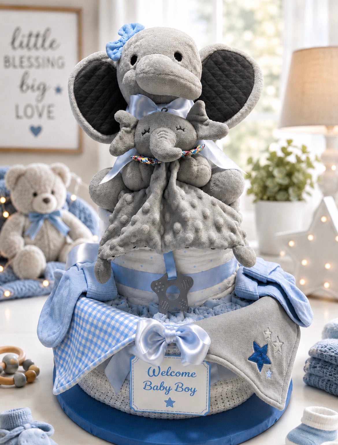 Nappy Cake with Elephant & comforter (no personalisation)